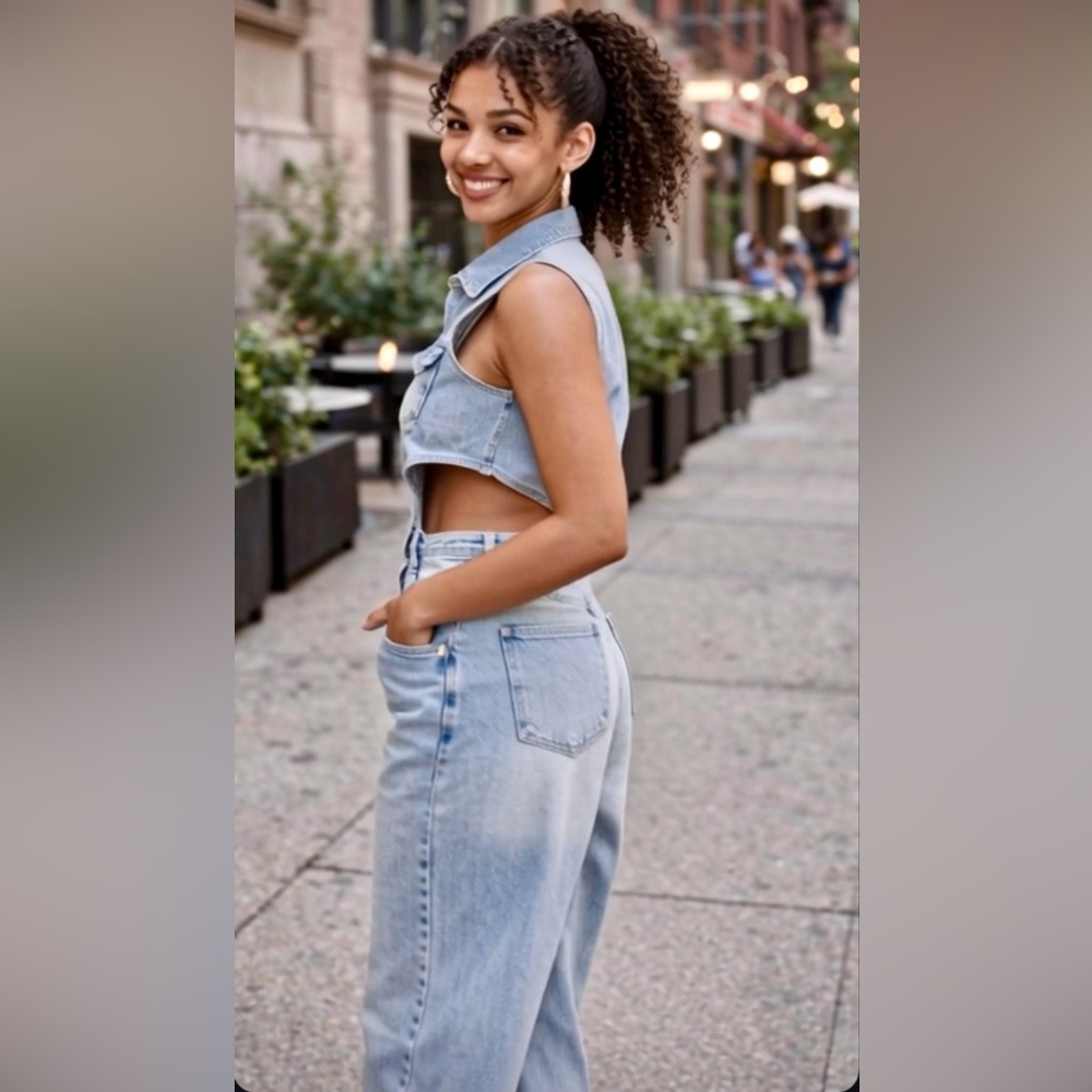 Fashion Nova Light Wash Cutout Denim Jumpsuit - Picture 3 of 10